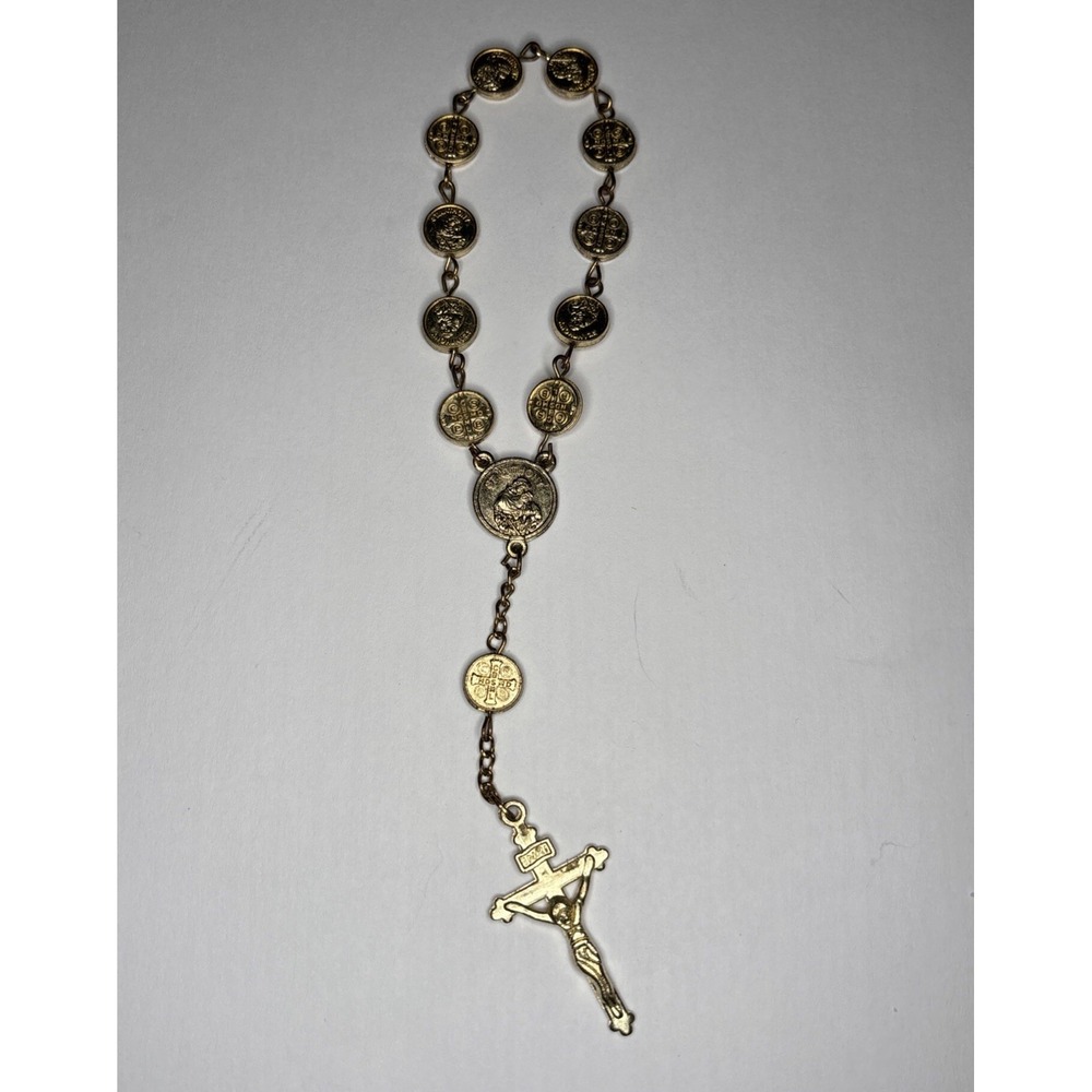 VTG 7" Metal Wristlet Palm Rosary, St. Anthony Religious Prayer Gold Tone